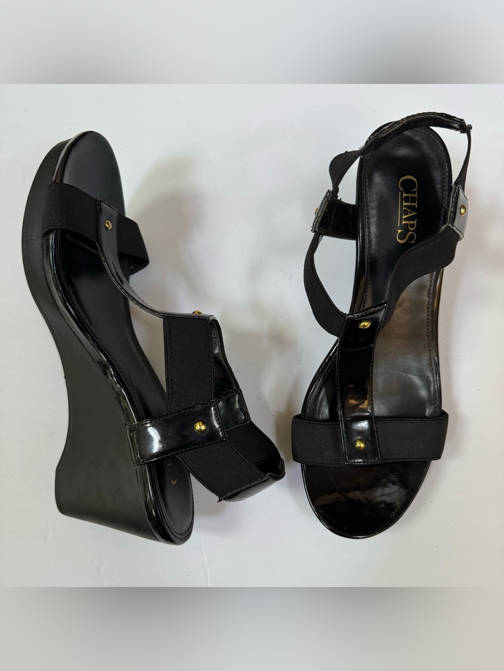 Chaps Black Patent Wedge Strappy Heels womens size 8.5b